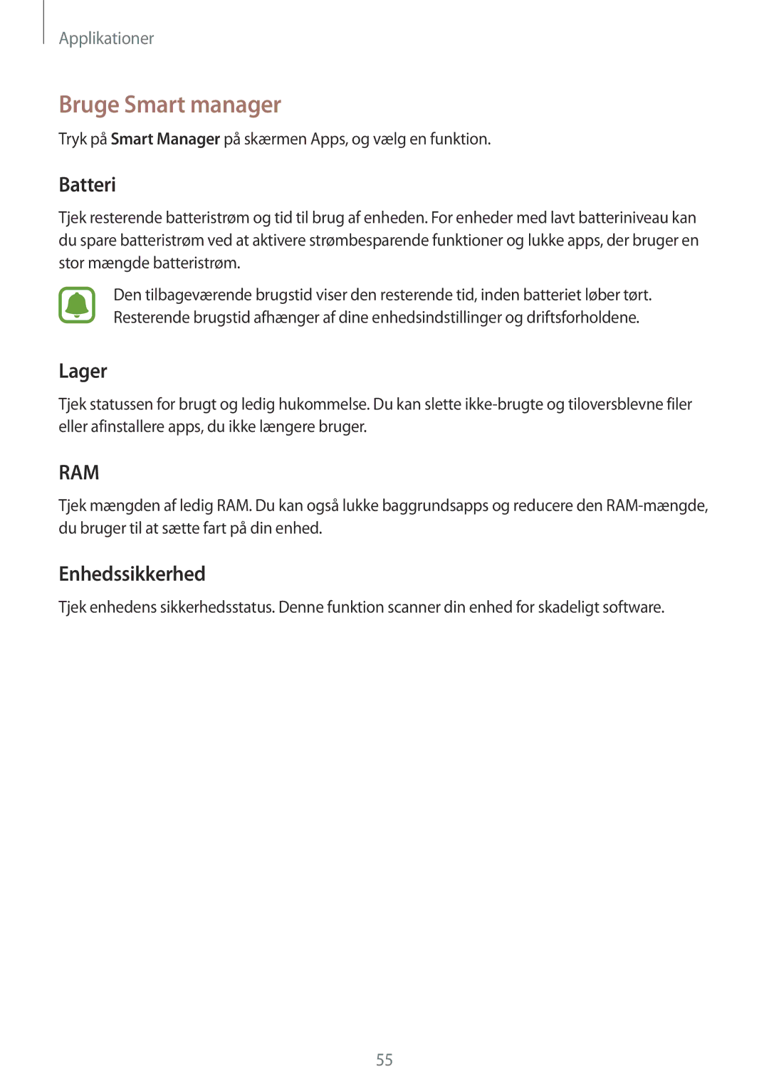 Samsung SM-J500FZKANEE, SM-J500FZDANEE, SM-J500FZWANEE manual Bruge Smart manager, Batteri, Lager, Enhedssikkerhed 