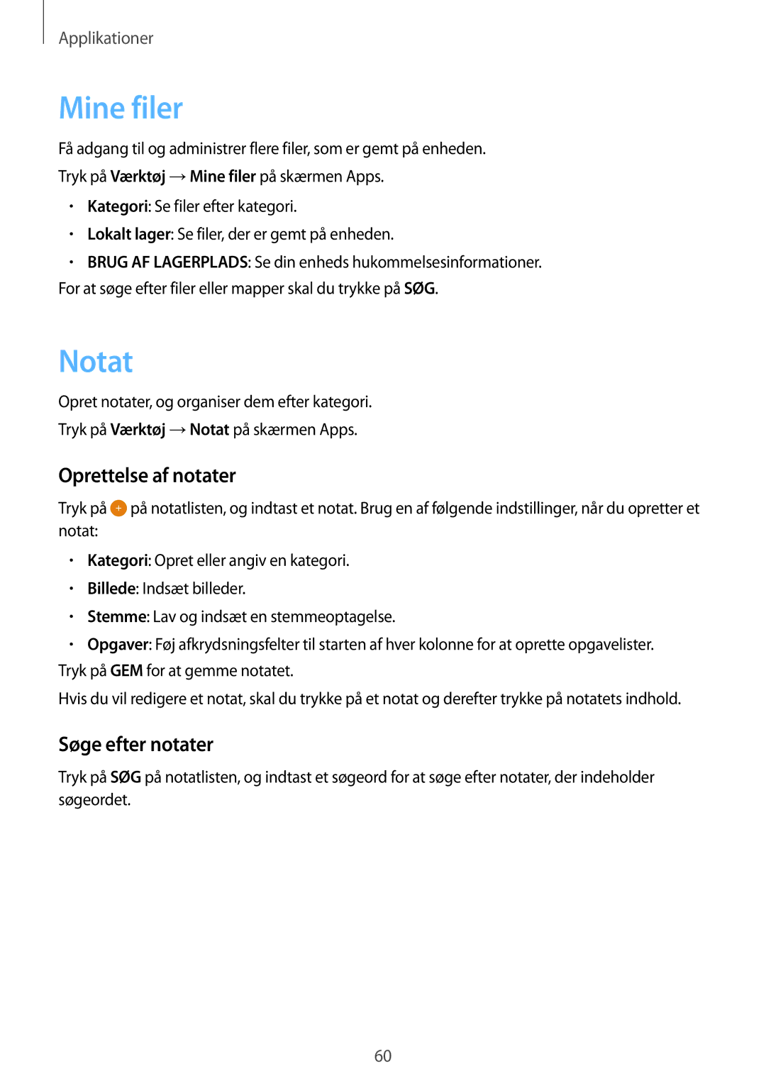 Samsung SM-J500FZDANEE, SM-J500FZKANEE, SM-J500FZWANEE manual Mine filer, Notat, Oprettelse af notater, Søge efter notater 