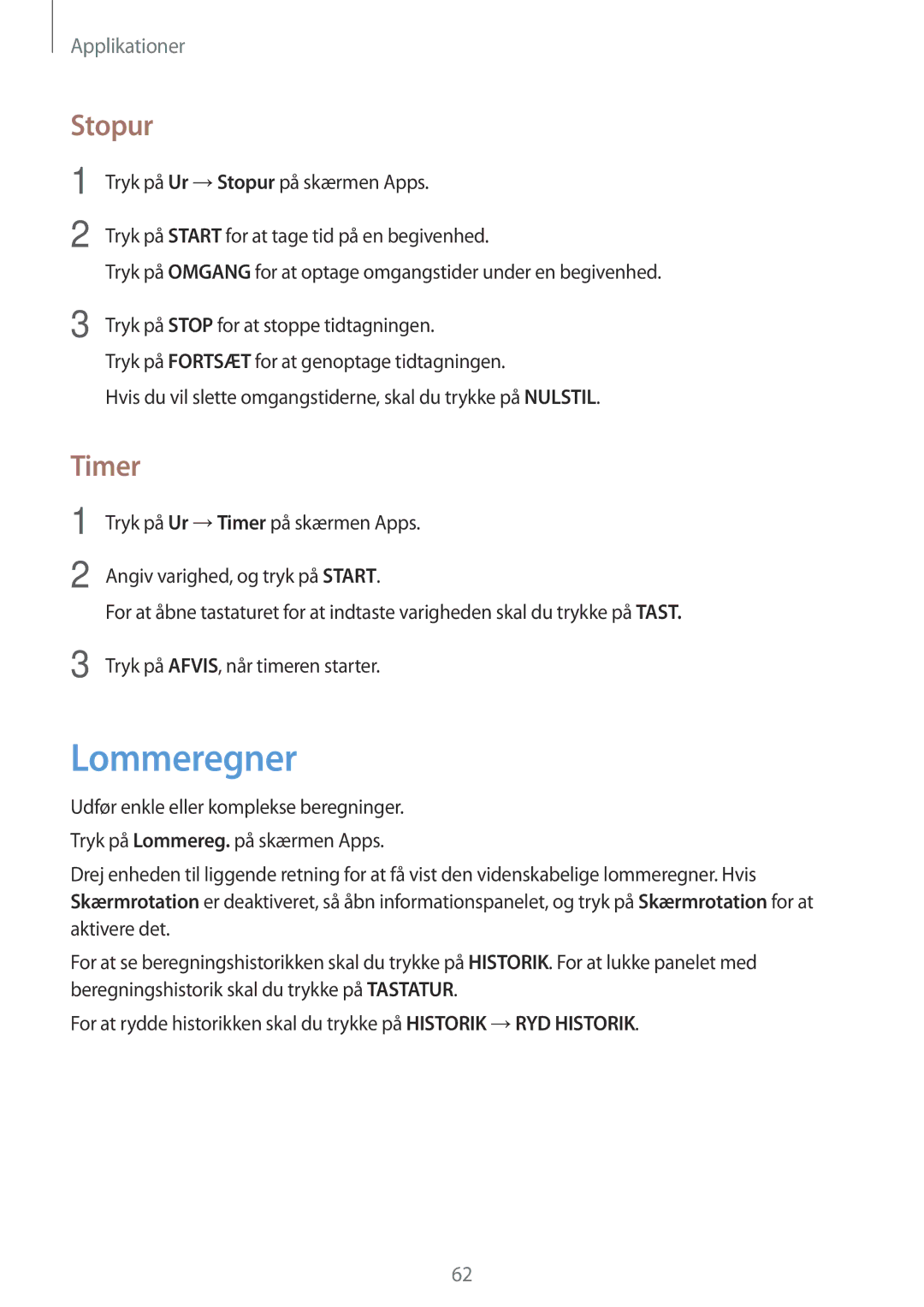 Samsung SM-J500FZWANEE, SM-J500FZDANEE, SM-J500FZKANEE manual Lommeregner, Stopur, Timer 