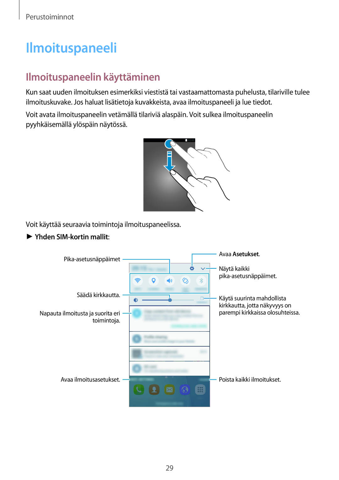 Samsung SM-J500FZWANEE, SM-J500FZDANEE, SM-J500FZKANEE manual Ilmoituspaneelin käyttäminen, Yhden SIM-kortin mallit 