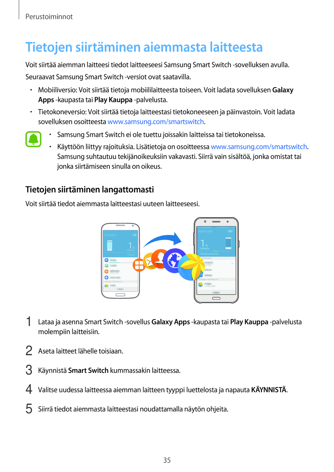 Samsung SM-J500FZWANEE, SM-J500FZDANEE manual Tietojen siirtäminen aiemmasta laitteesta, Tietojen siirtäminen langattomasti 