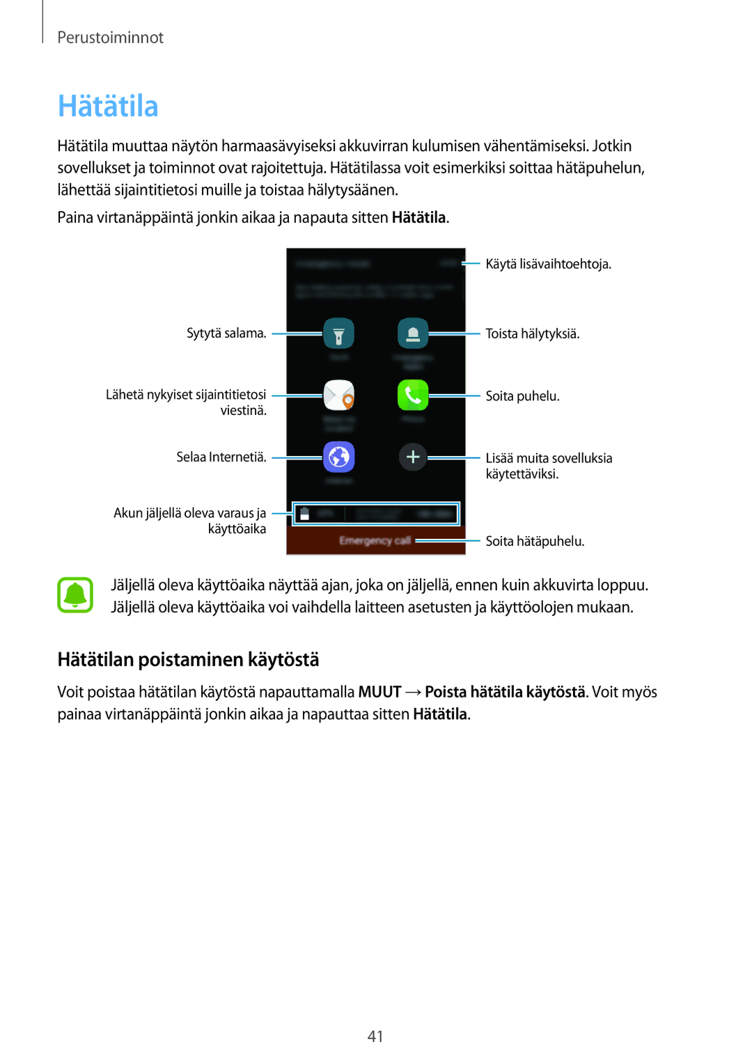 Samsung SM-J500FZWANEE, SM-J500FZDANEE, SM-J500FZKANEE manual Hätätilan poistaminen käytöstä 