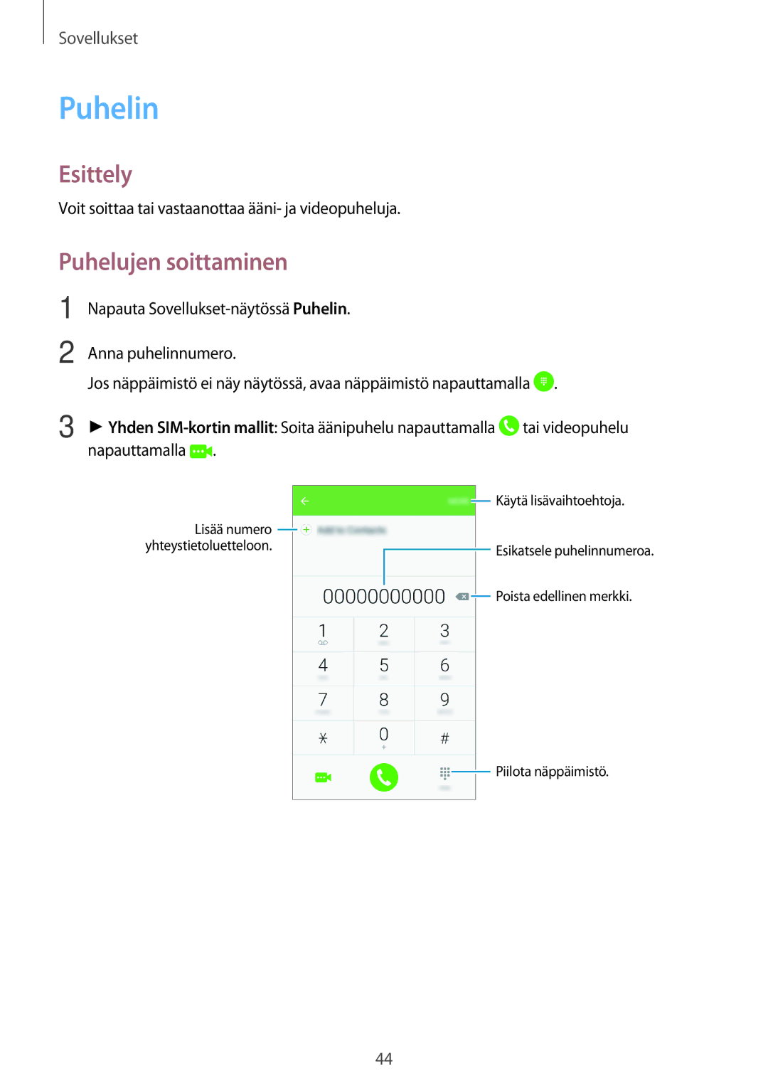 Samsung SM-J500FZWANEE, SM-J500FZDANEE, SM-J500FZKANEE manual Puhelin, Puhelujen soittaminen 