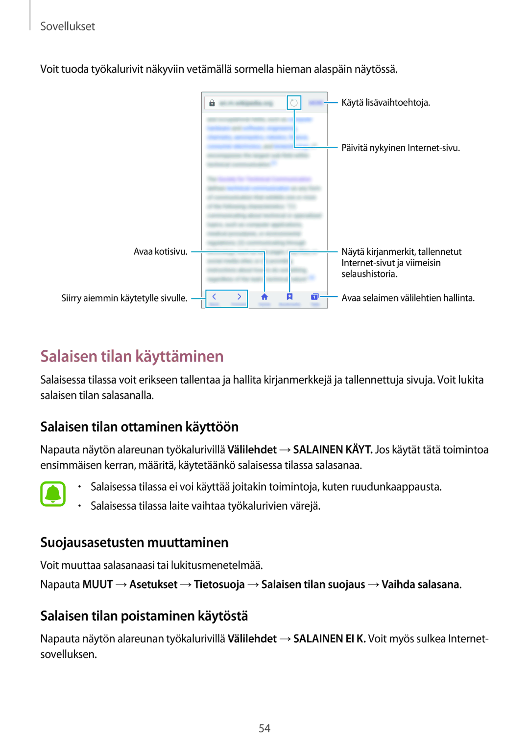 Samsung SM-J500FZDANEE manual Salaisen tilan käyttäminen, Salaisen tilan ottaminen käyttöön, Suojausasetusten muuttaminen 