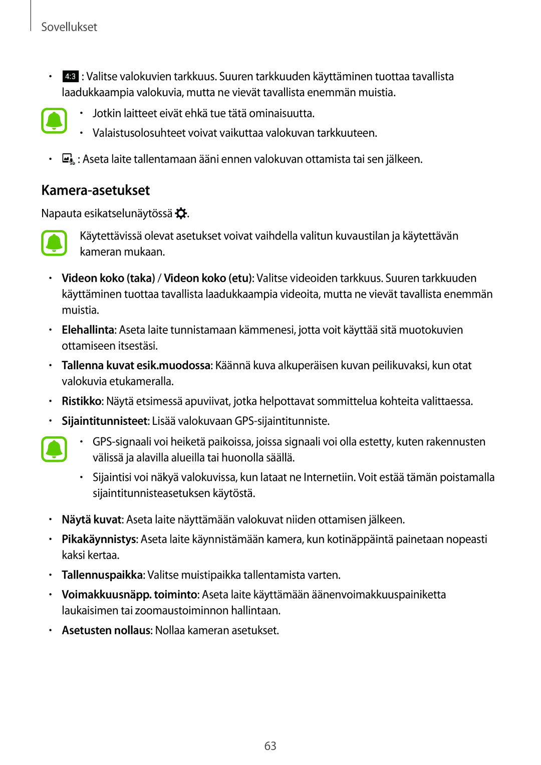 Samsung SM-J500FZDANEE, SM-J500FZKANEE, SM-J500FZWANEE manual Kamera-asetukset 