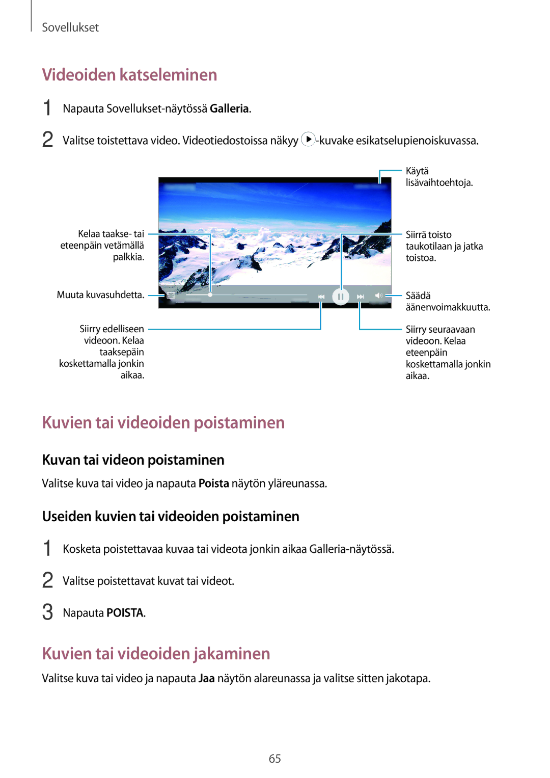 Samsung SM-J500FZWANEE manual Videoiden katseleminen, Kuvien tai videoiden poistaminen, Kuvien tai videoiden jakaminen 