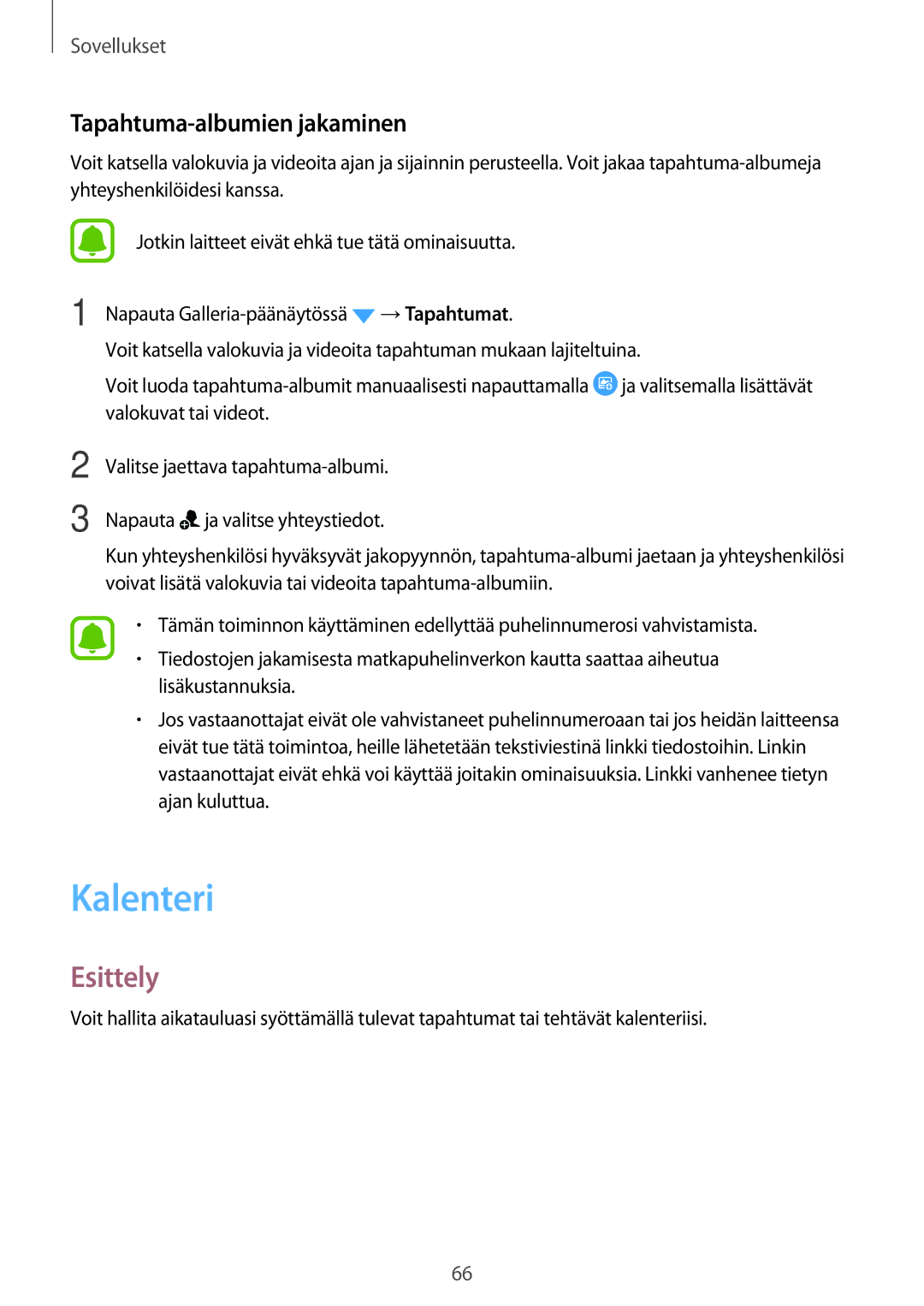 Samsung SM-J500FZDANEE, SM-J500FZKANEE, SM-J500FZWANEE manual Kalenteri, Tapahtuma-albumien jakaminen 