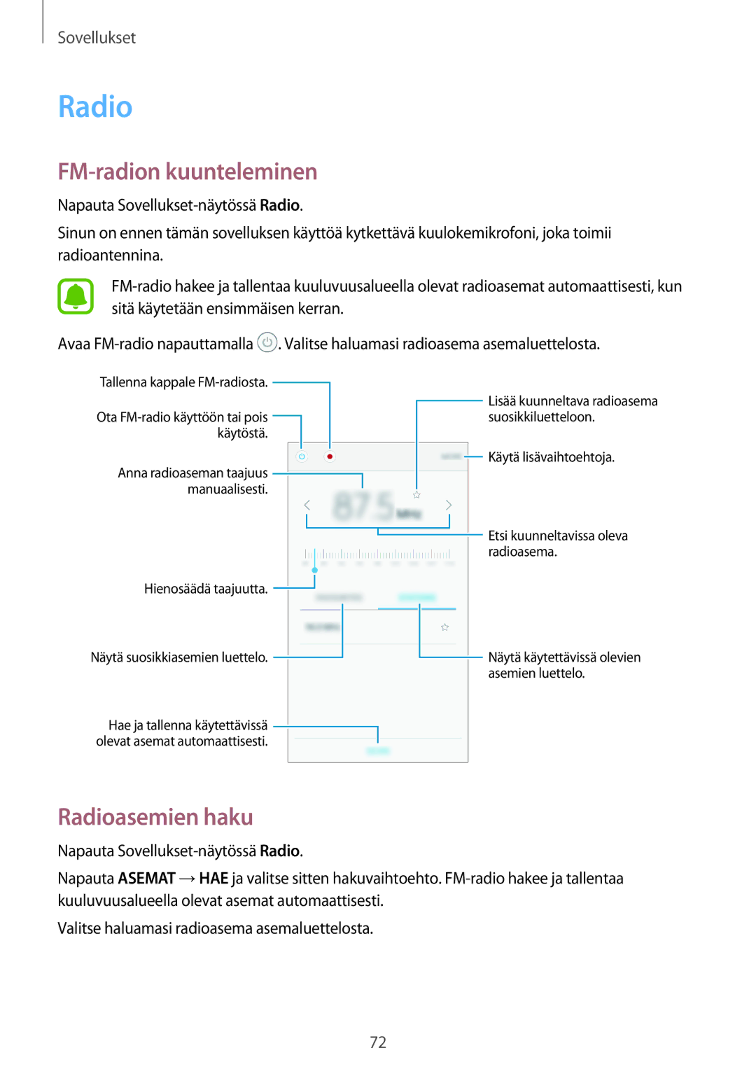 Samsung SM-J500FZDANEE, SM-J500FZKANEE, SM-J500FZWANEE manual FM-radion kuunteleminen, Radioasemien haku 