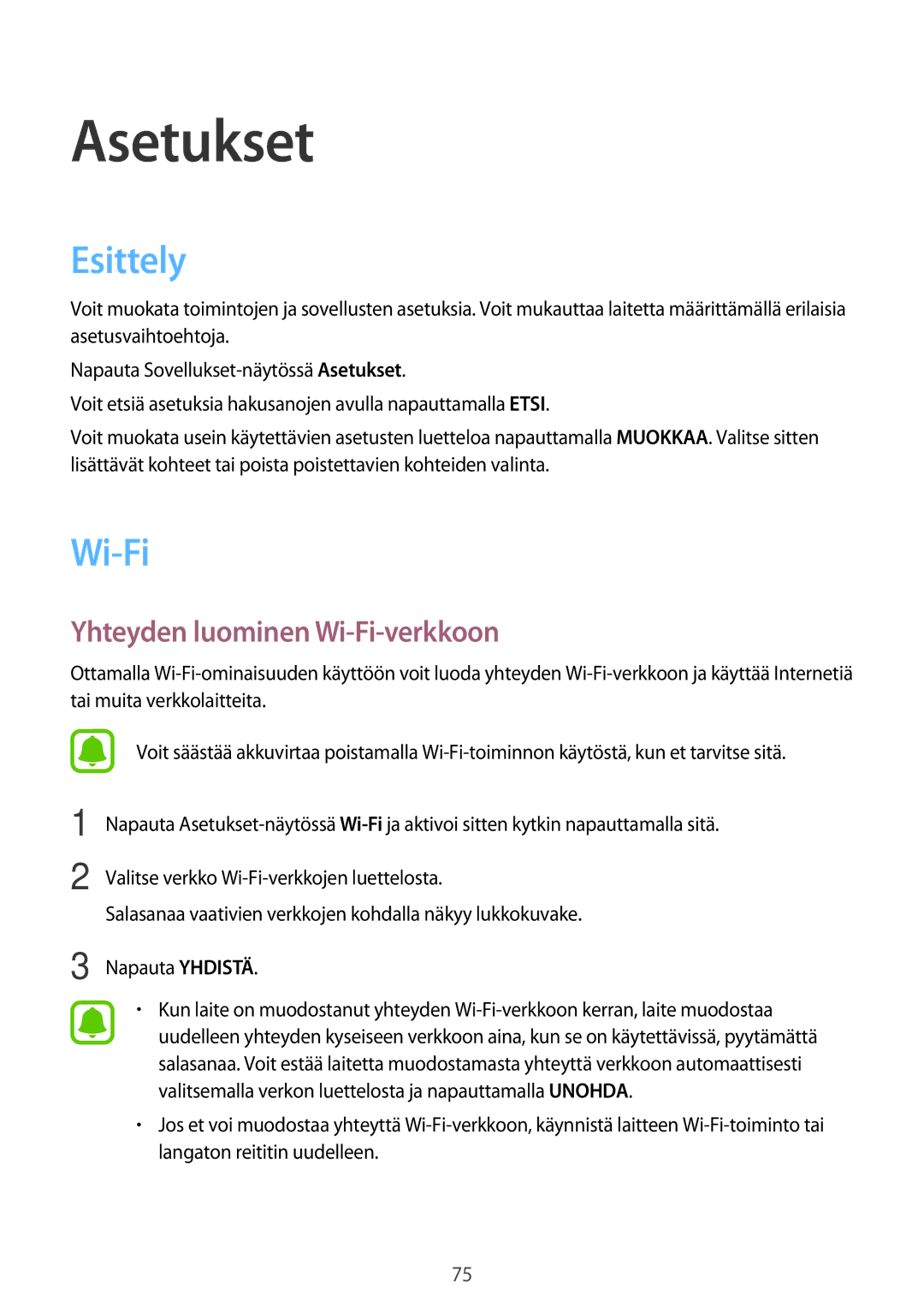 Samsung SM-J500FZDANEE, SM-J500FZKANEE, SM-J500FZWANEE manual Esittely, Yhteyden luominen Wi-Fi-verkkoon 