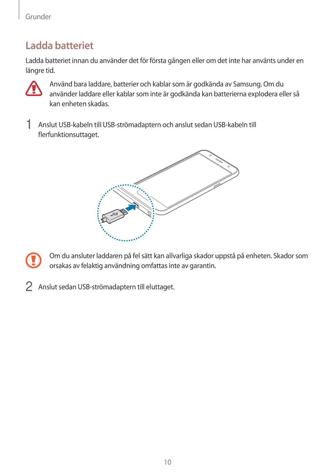 Samsung SM-J500FZKANEE, SM-J500FZDANEE, SM-J500FZWANEE manual Ladda batteriet 