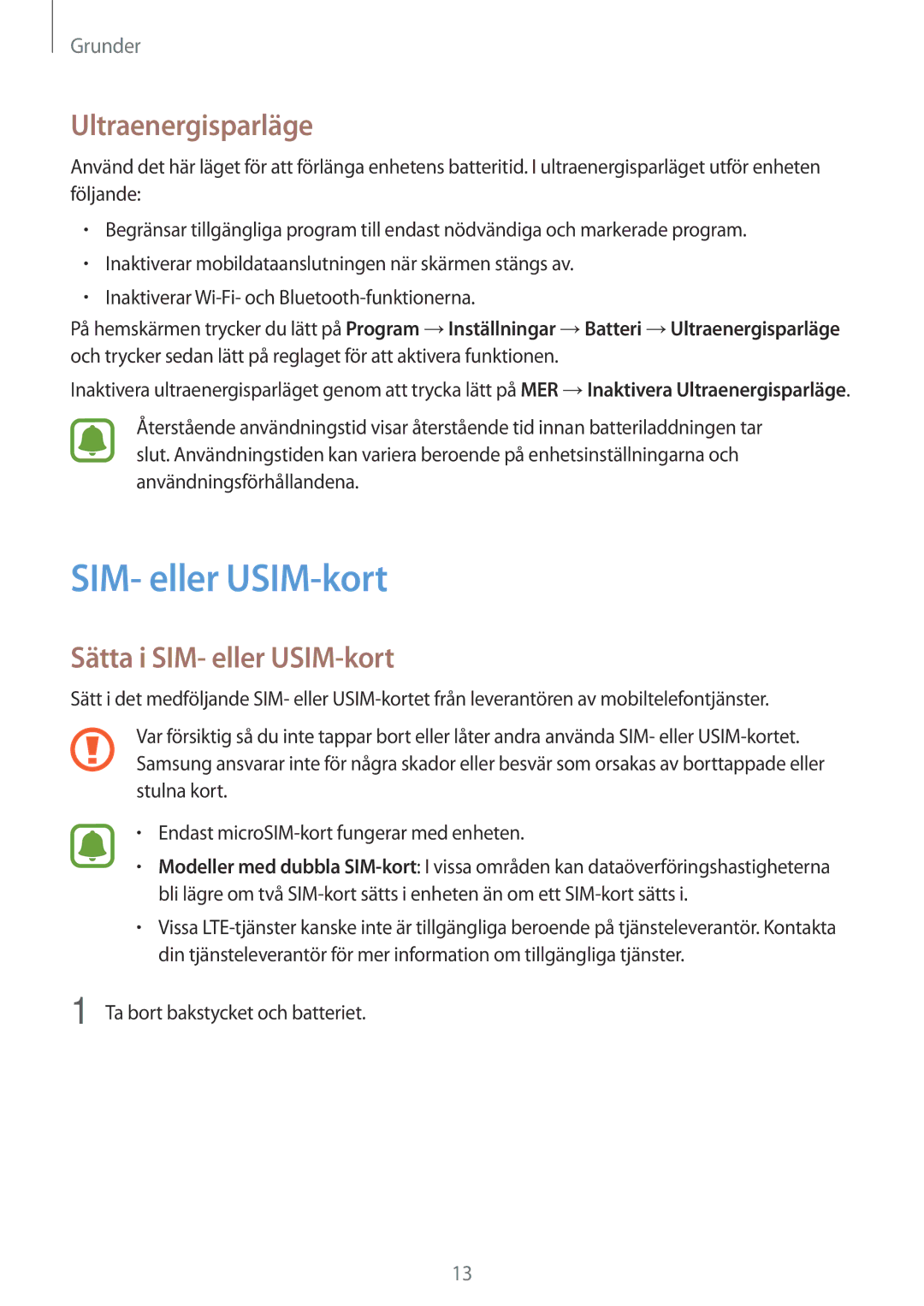 Samsung SM-J500FZKANEE manual Ultraenergisparläge, Sätta i SIM- eller USIM-kort, Ta bort bakstycket och batteriet 