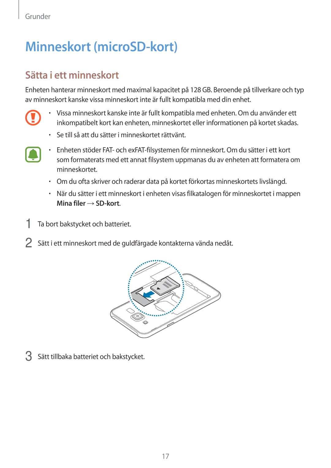 Samsung SM-J500FZWANEE, SM-J500FZDANEE, SM-J500FZKANEE manual Minneskort microSD-kort, Sätta i ett minneskort 