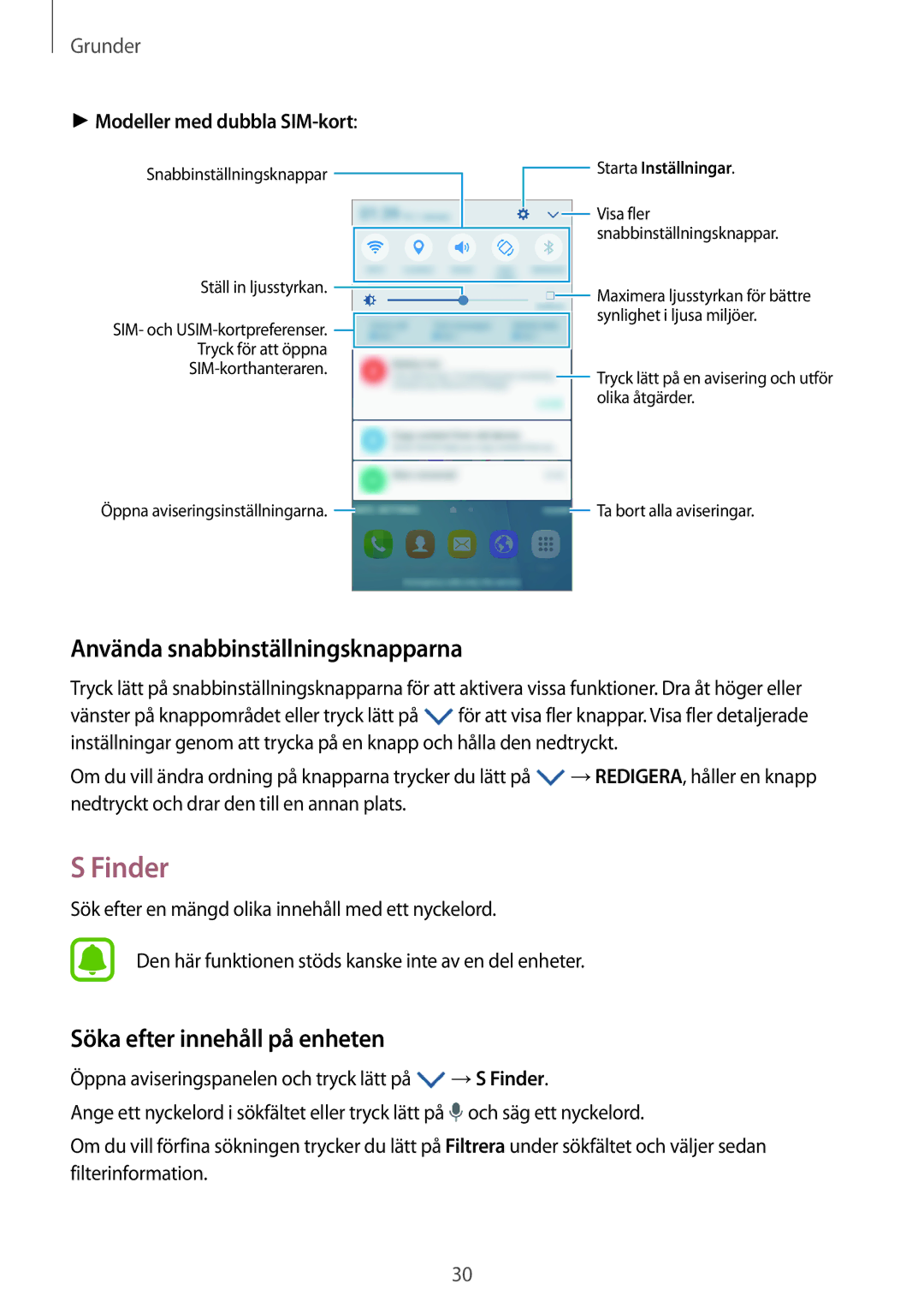 Samsung SM-J500FZDANEE, SM-J500FZKANEE manual Finder, Använda snabbinställningsknapparna, Söka efter innehåll på enheten 