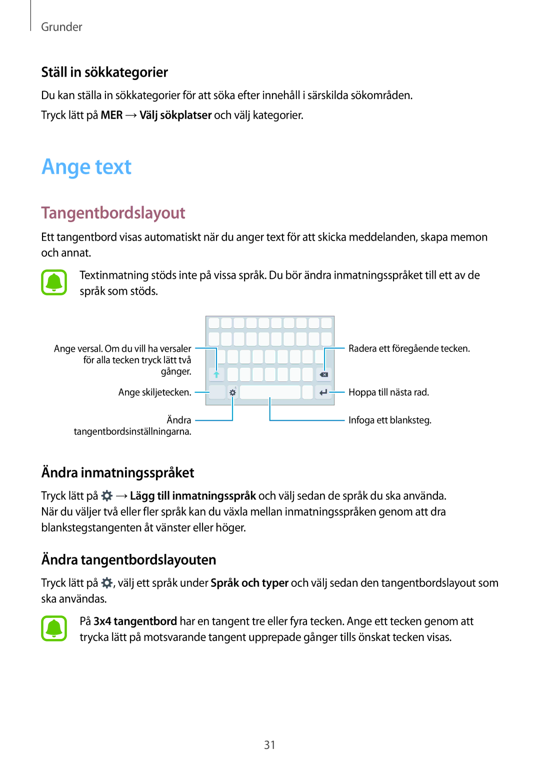 Samsung SM-J500FZKANEE, SM-J500FZDANEE manual Ange text, Tangentbordslayout, Ställ in sökkategorier, Ändra inmatningsspråket 