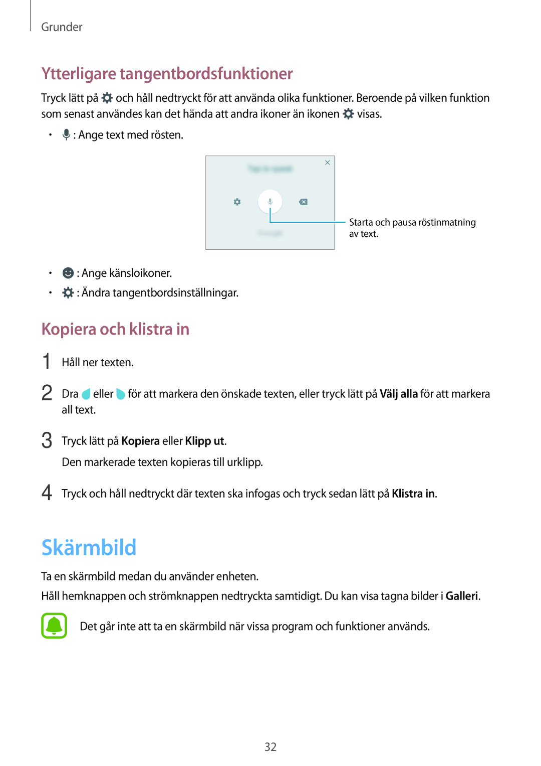 Samsung SM-J500FZWANEE manual Skärmbild, Ytterligare tangentbordsfunktioner, Kopiera och klistra, Ange text med rösten 