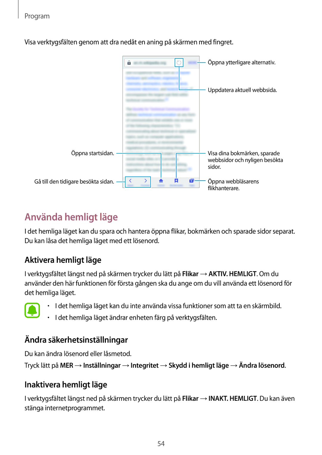 Samsung SM-J500FZDANEE Använda hemligt läge, Aktivera hemligt läge, Ändra säkerhetsinställningar, Inaktivera hemligt läge 