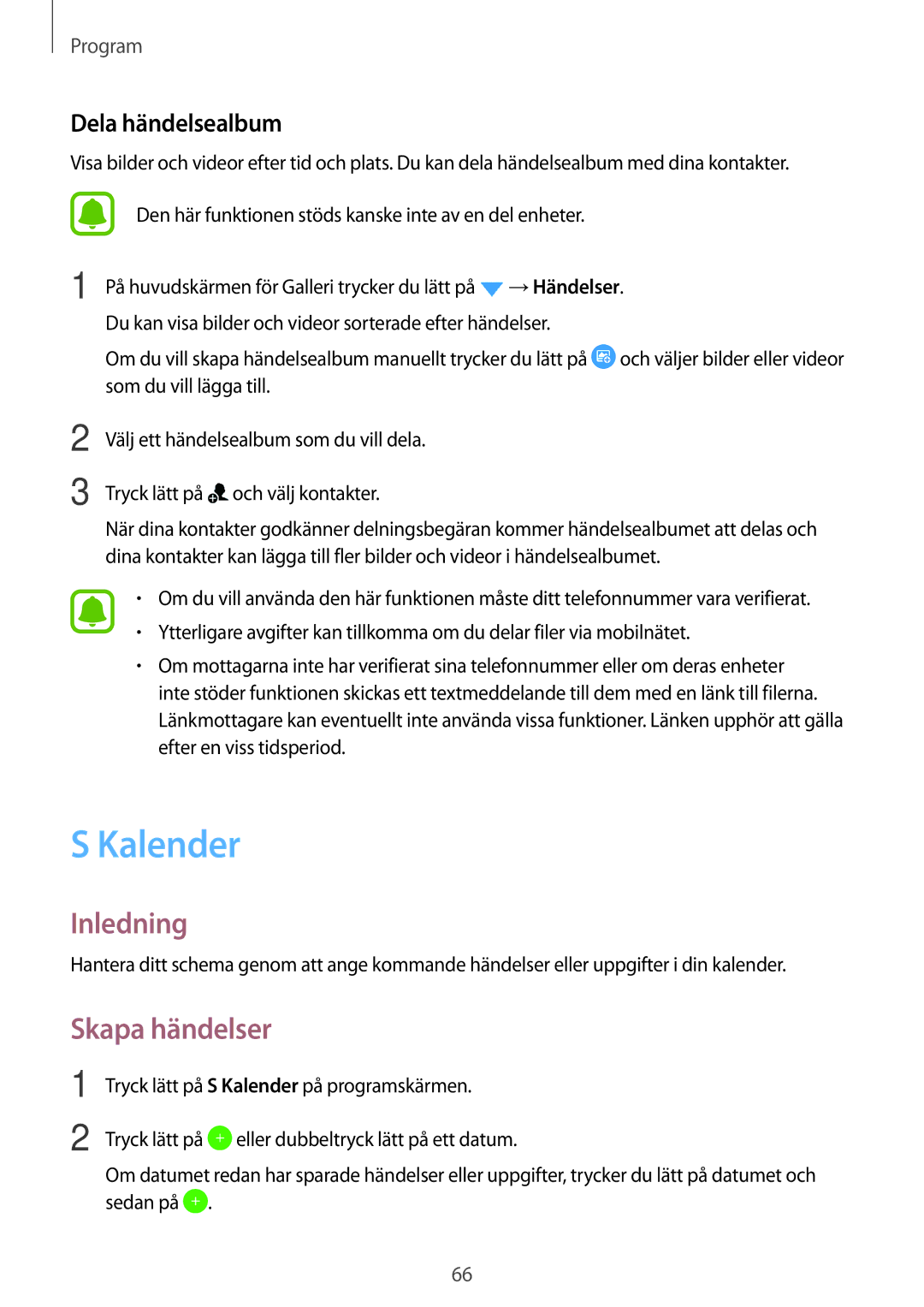 Samsung SM-J500FZDANEE, SM-J500FZKANEE, SM-J500FZWANEE manual Kalender, Skapa händelser, Dela händelsealbum 