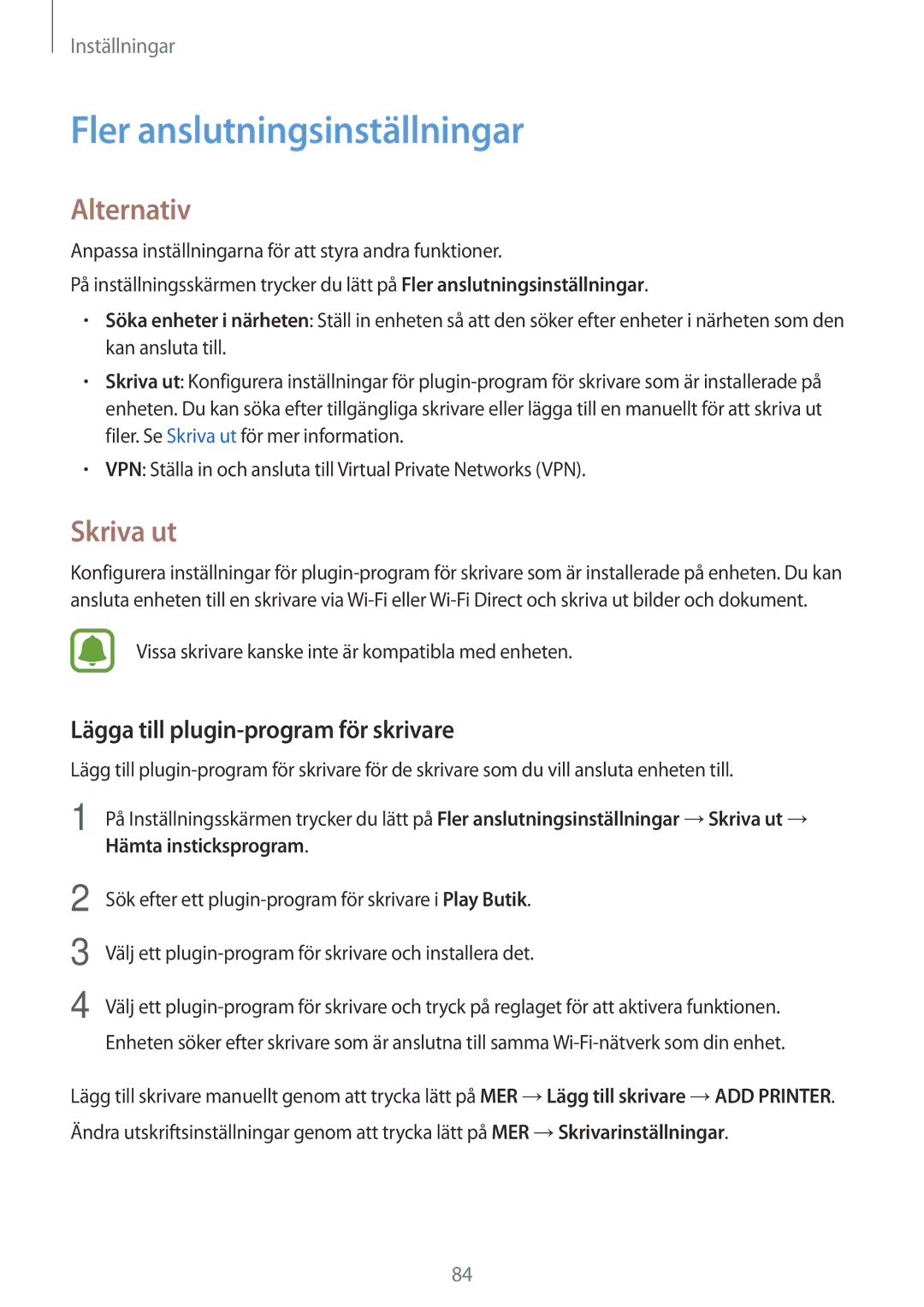 Samsung SM-J500FZDANEE manual Fler anslutningsinställningar, Alternativ, Skriva ut, Lägga till plugin-program för skrivare 