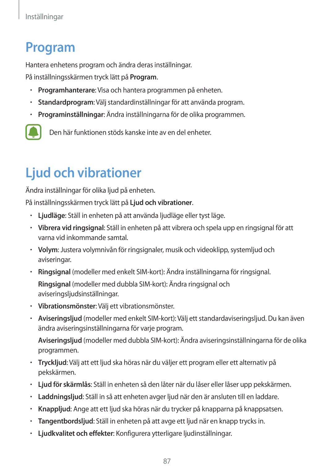 Samsung SM-J500FZDANEE, SM-J500FZKANEE, SM-J500FZWANEE manual Program, Ljud och vibrationer 