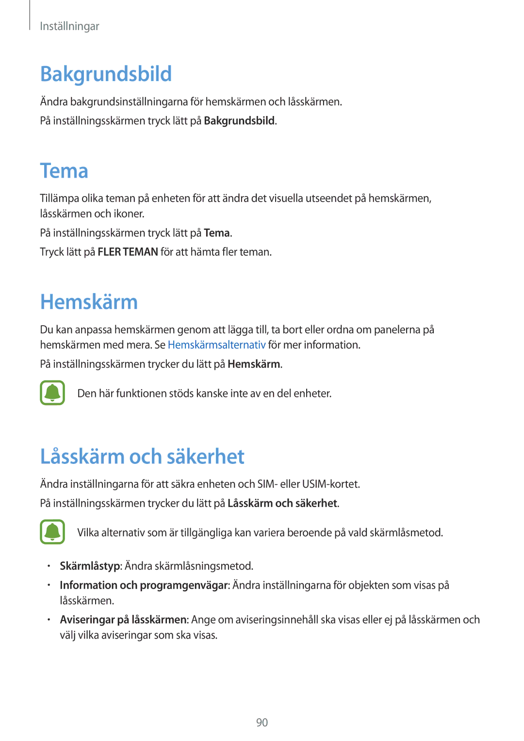 Samsung SM-J500FZDANEE, SM-J500FZKANEE, SM-J500FZWANEE manual Bakgrundsbild, Tema, Låsskärm och säkerhet 