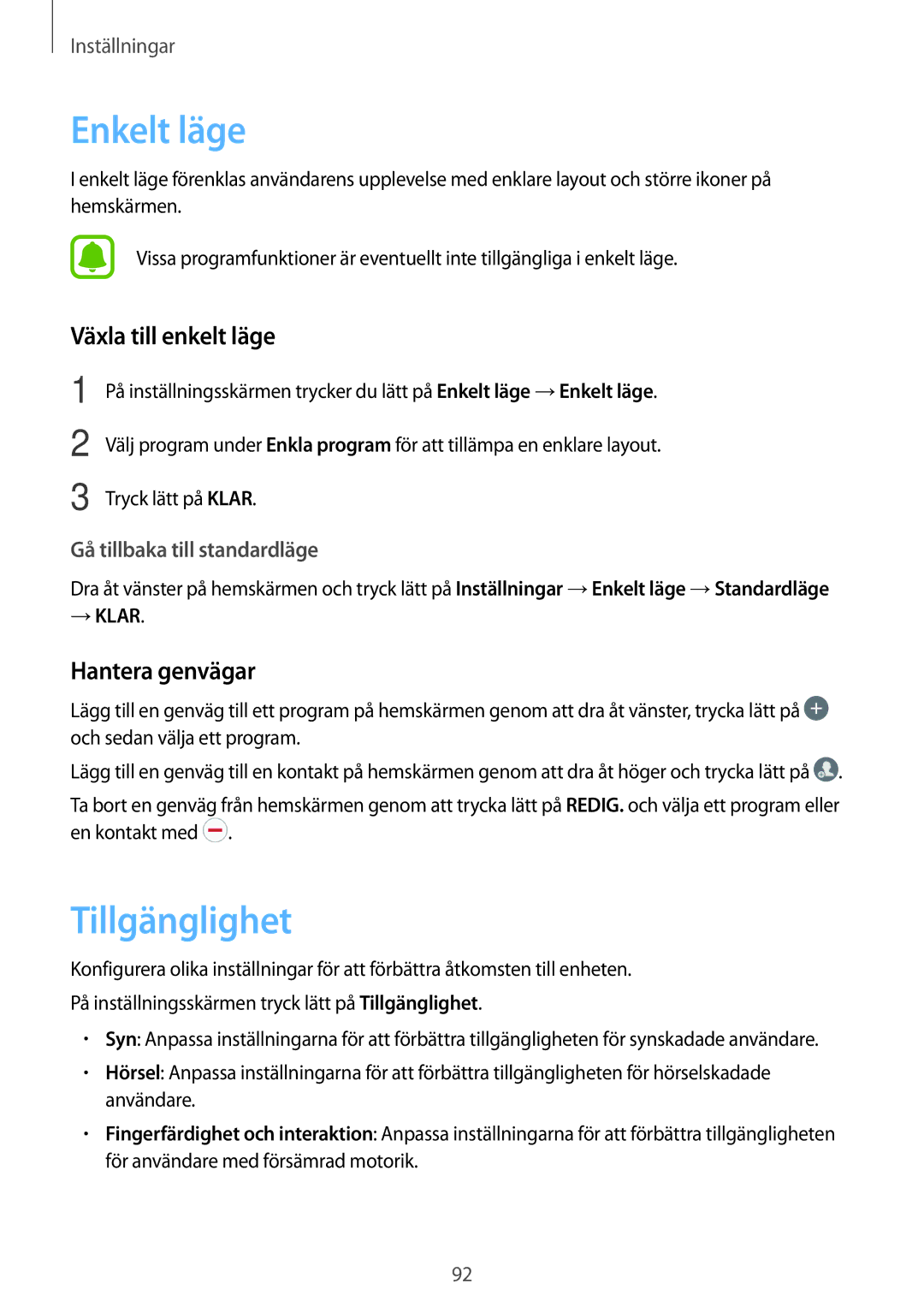 Samsung SM-J500FZWANEE, SM-J500FZDANEE manual Enkelt läge, Tillgänglighet, Växla till enkelt läge, Hantera genvägar 