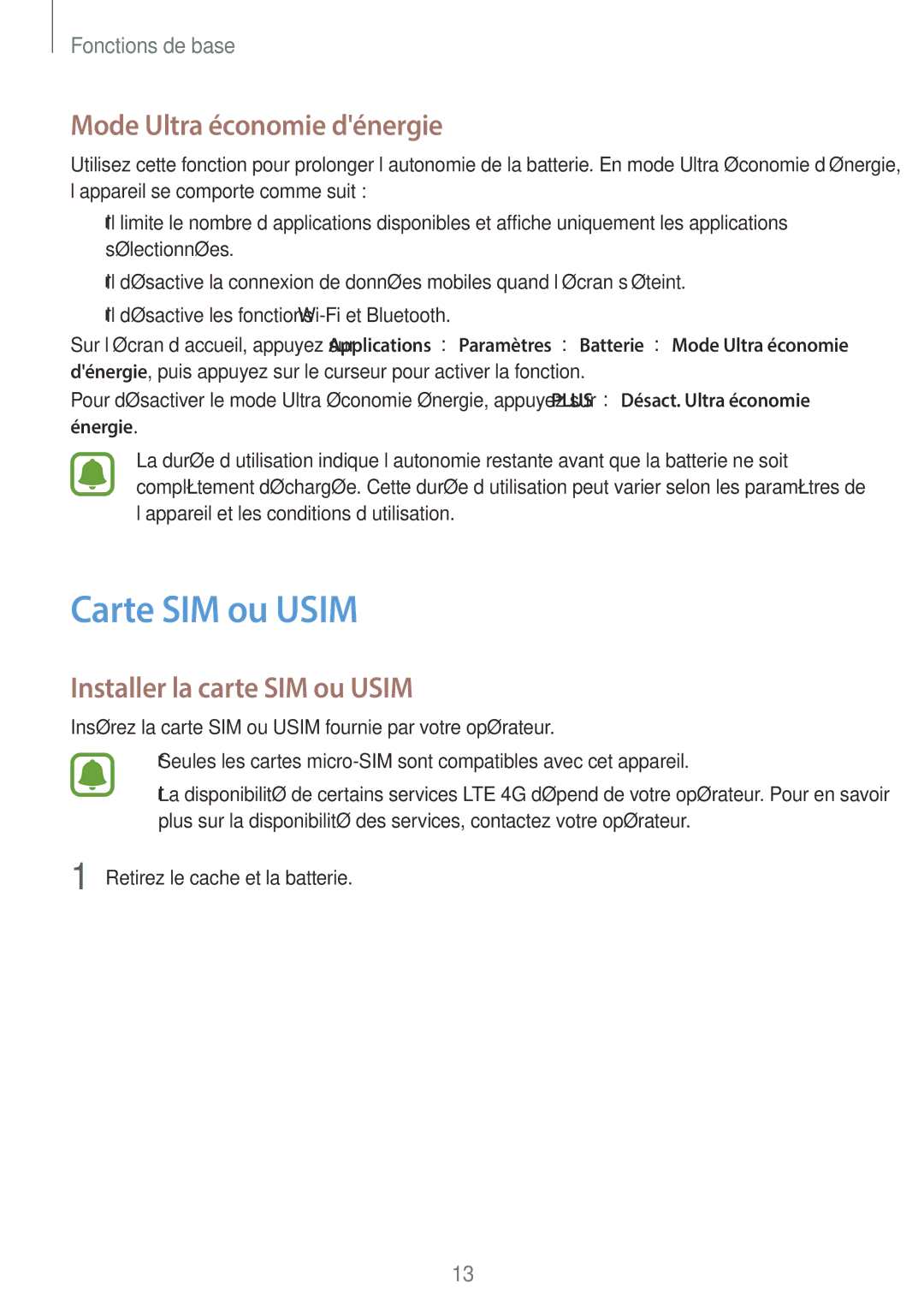 Samsung SM-J500FZKAXEF, SM-J500FZDAXEF Carte SIM ou Usim, Mode Ultra économie dénergie, Installer la carte SIM ou Usim 