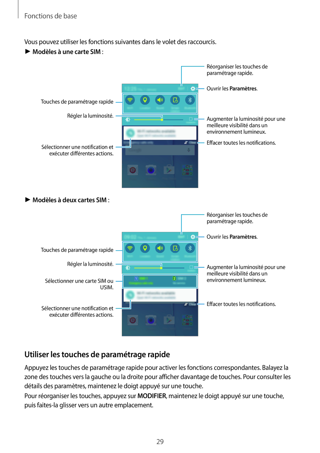 Samsung SM-J500FZWAXEF, SM-J500FZDAXEF, SM-J500FZKAXEF Utiliser les touches de paramétrage rapide, Modèles à une carte SIM 