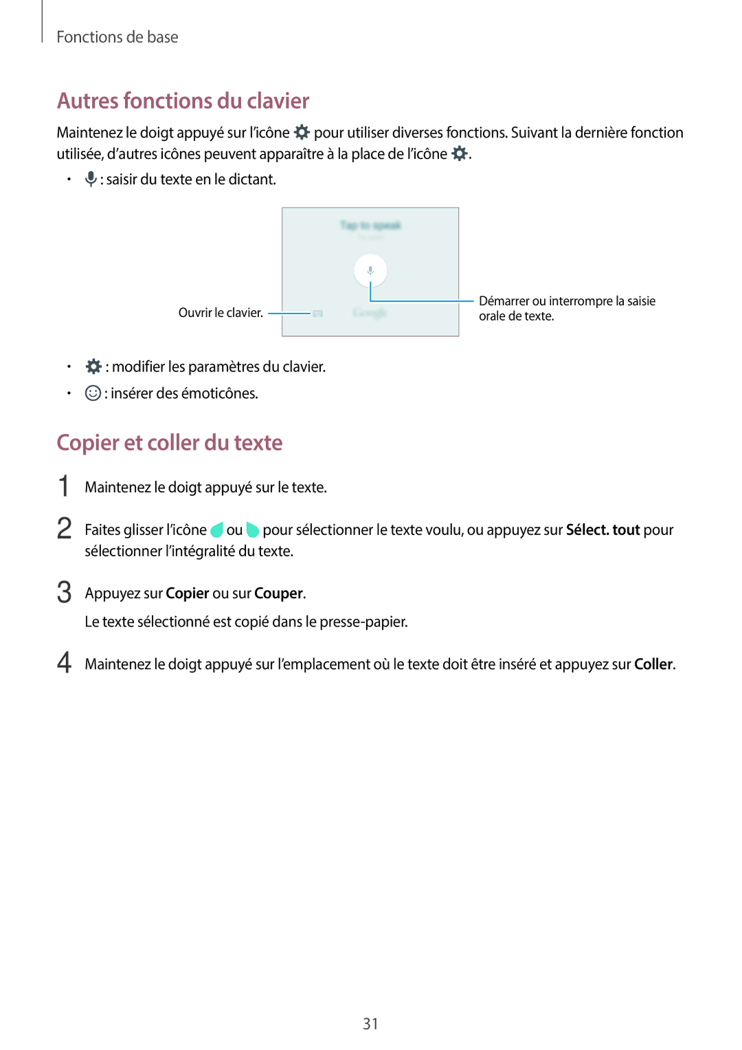 Samsung SM-J500FZKAXEF, SM-J500FZDAXEF, SM-J500FZWAXEF manual Autres fonctions du clavier, Copier et coller du texte 