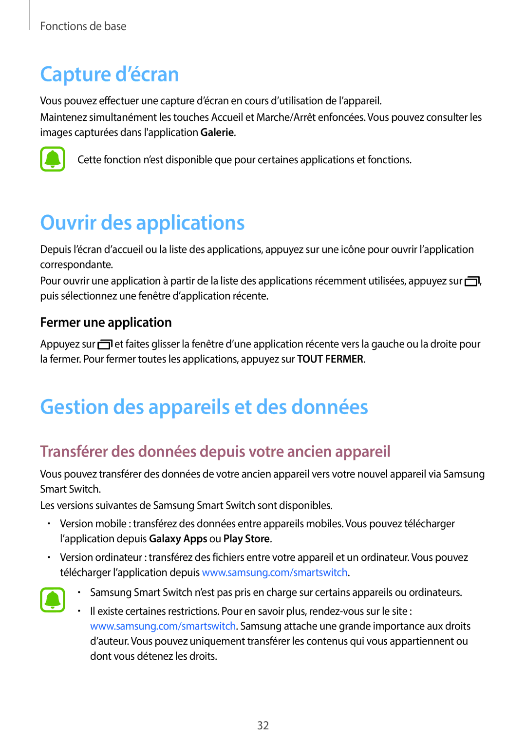 Samsung SM-J500FZWAXEF, SM-J500FZDAXEF manual Capture d’écran, Ouvrir des applications, Gestion des appareils et des données 