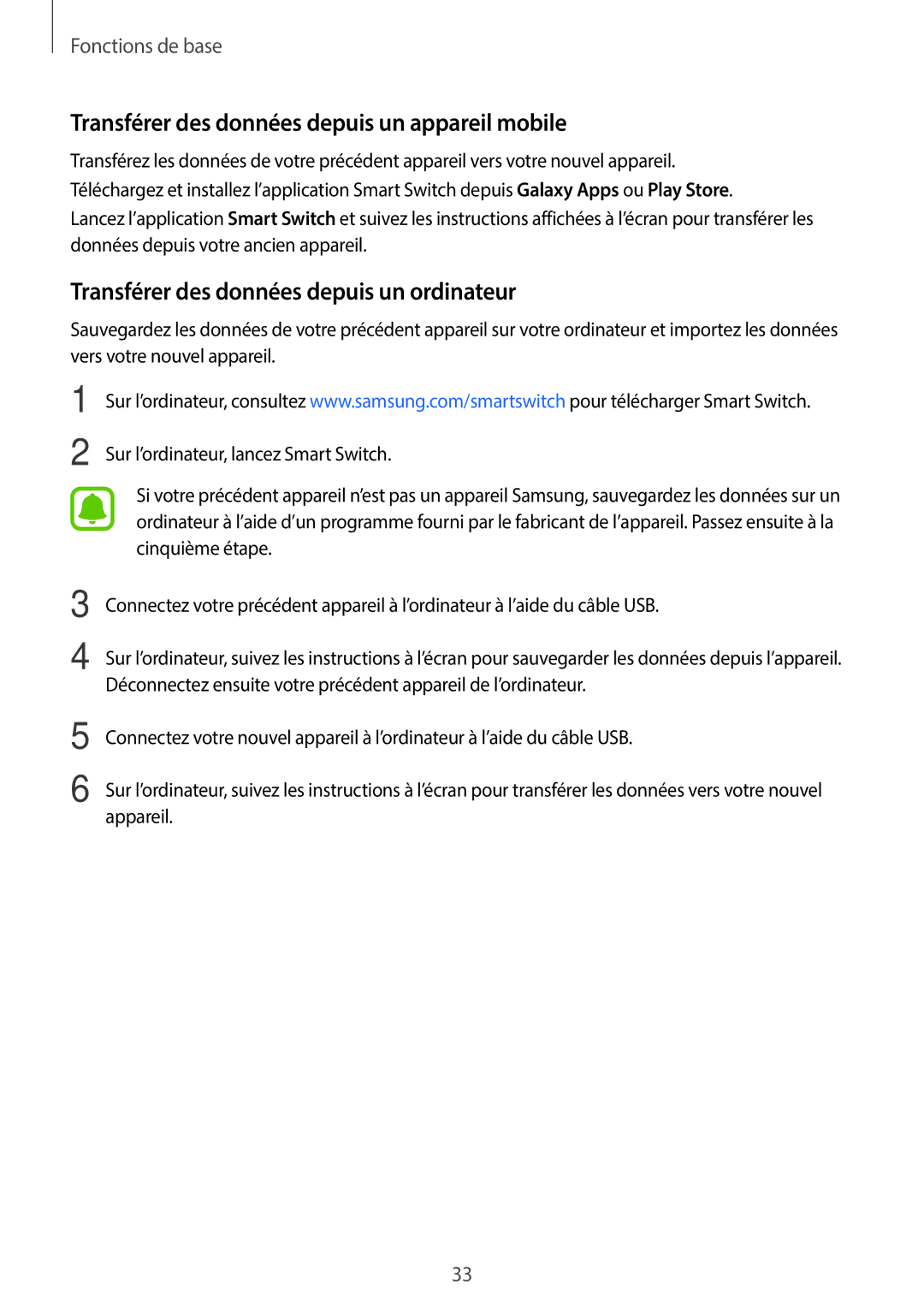 Samsung SM-J500FZDAXEF manual Transférer des données depuis un appareil mobile, Transférer des données depuis un ordinateur 