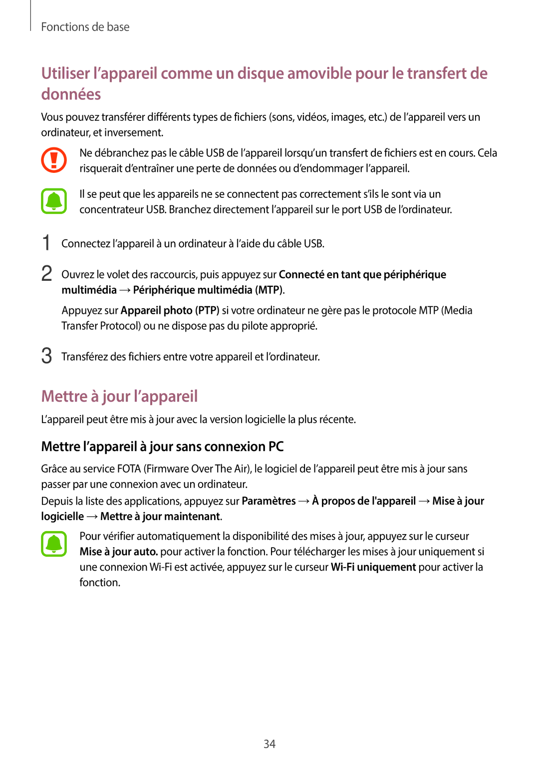 Samsung SM-J500FZKAXEF, SM-J500FZDAXEF, SM-J500FZWAXEF Mettre à jour l’appareil, Mettre l’appareil à jour sans connexion PC 