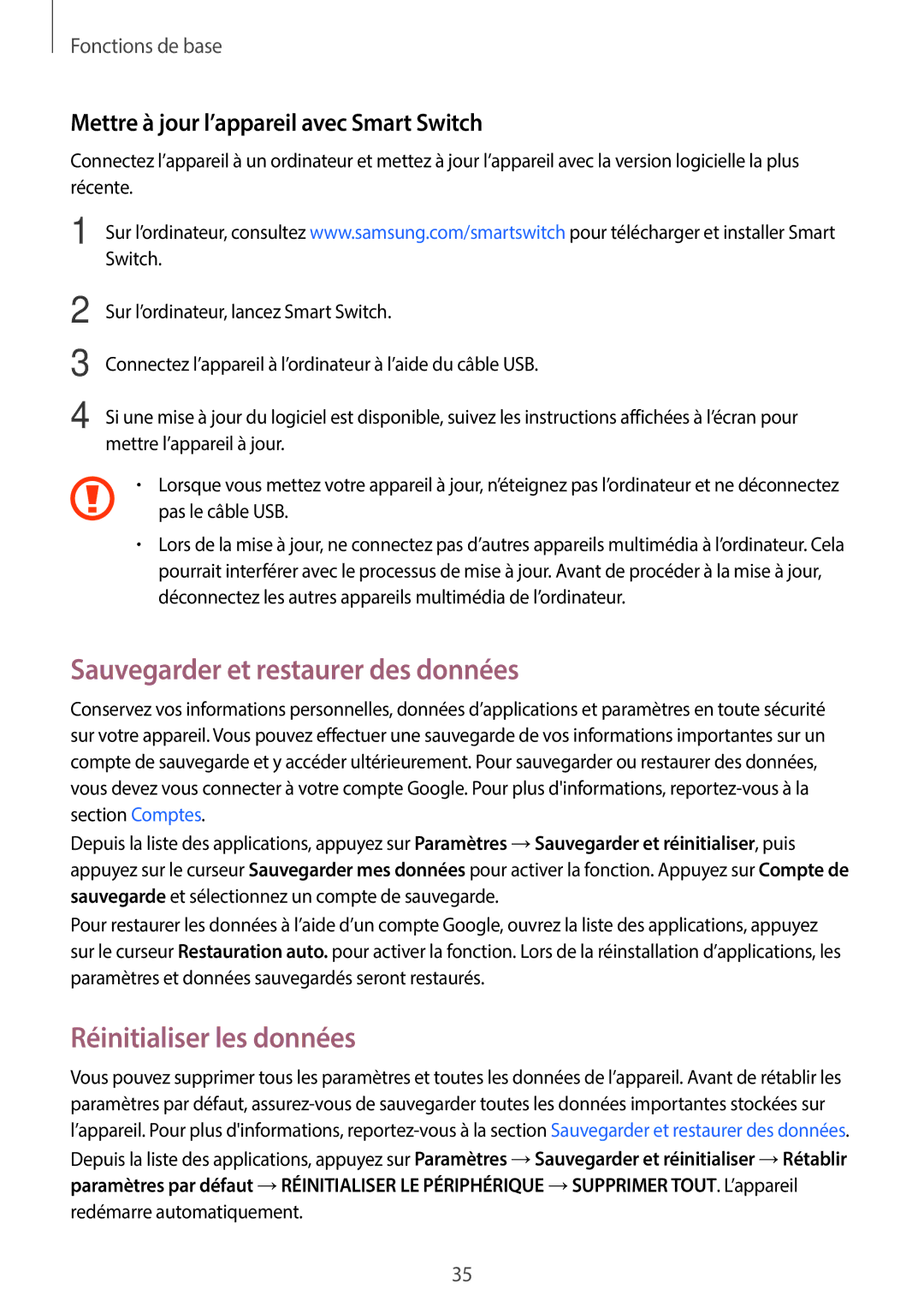 Samsung SM-J500FZWAXEF, SM-J500FZDAXEF, SM-J500FZKAXEF manual Sauvegarder et restaurer des données, Réinitialiser les données 