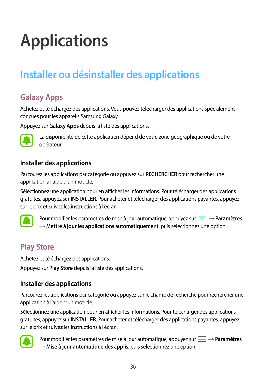 Samsung SM-J500FZDAXEF Installer ou désinstaller des applications, Galaxy Apps, Play Store, Installer des applications 