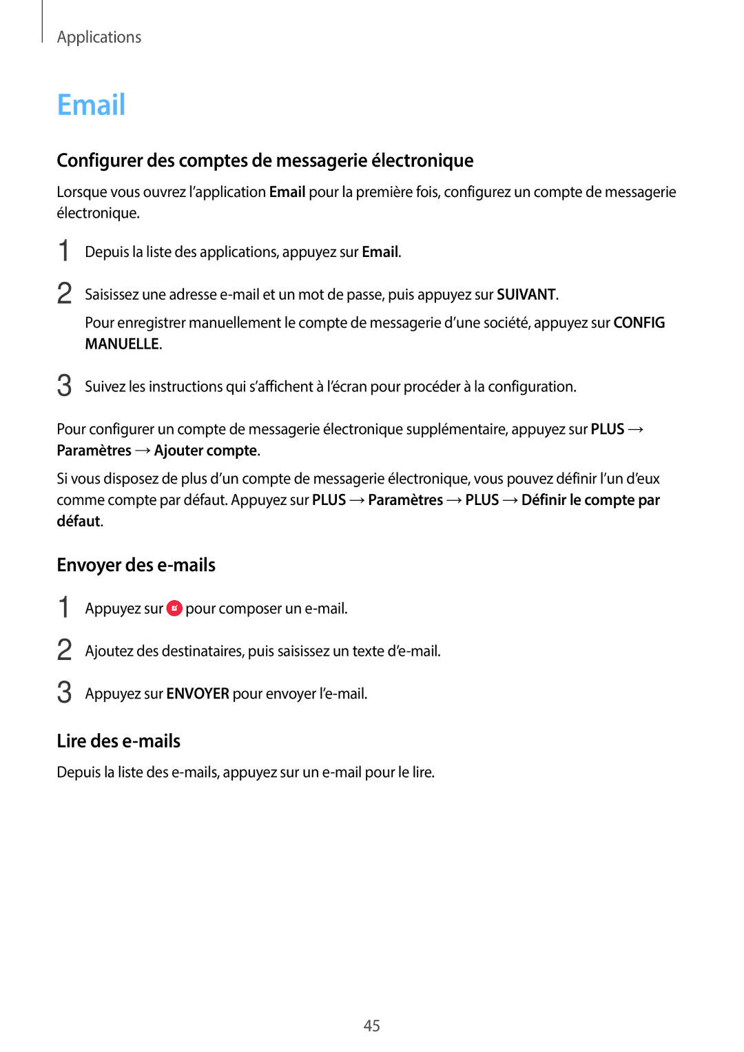 Samsung SM-J500FZDAXEF manual Configurer des comptes de messagerie électronique, Envoyer des e-mails, Lire des e-mails 