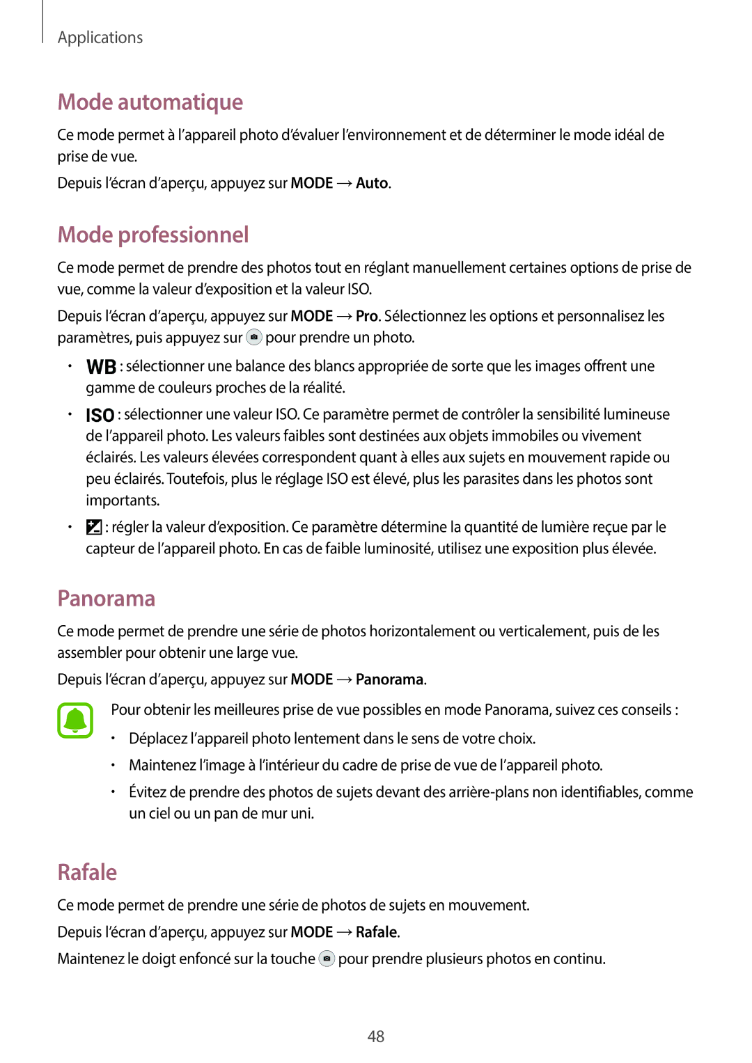 Samsung SM-J500FZDAXEF, SM-J500FZKAXEF, SM-J500FZWAXEF manual Mode automatique, Mode professionnel, Panorama, Rafale 