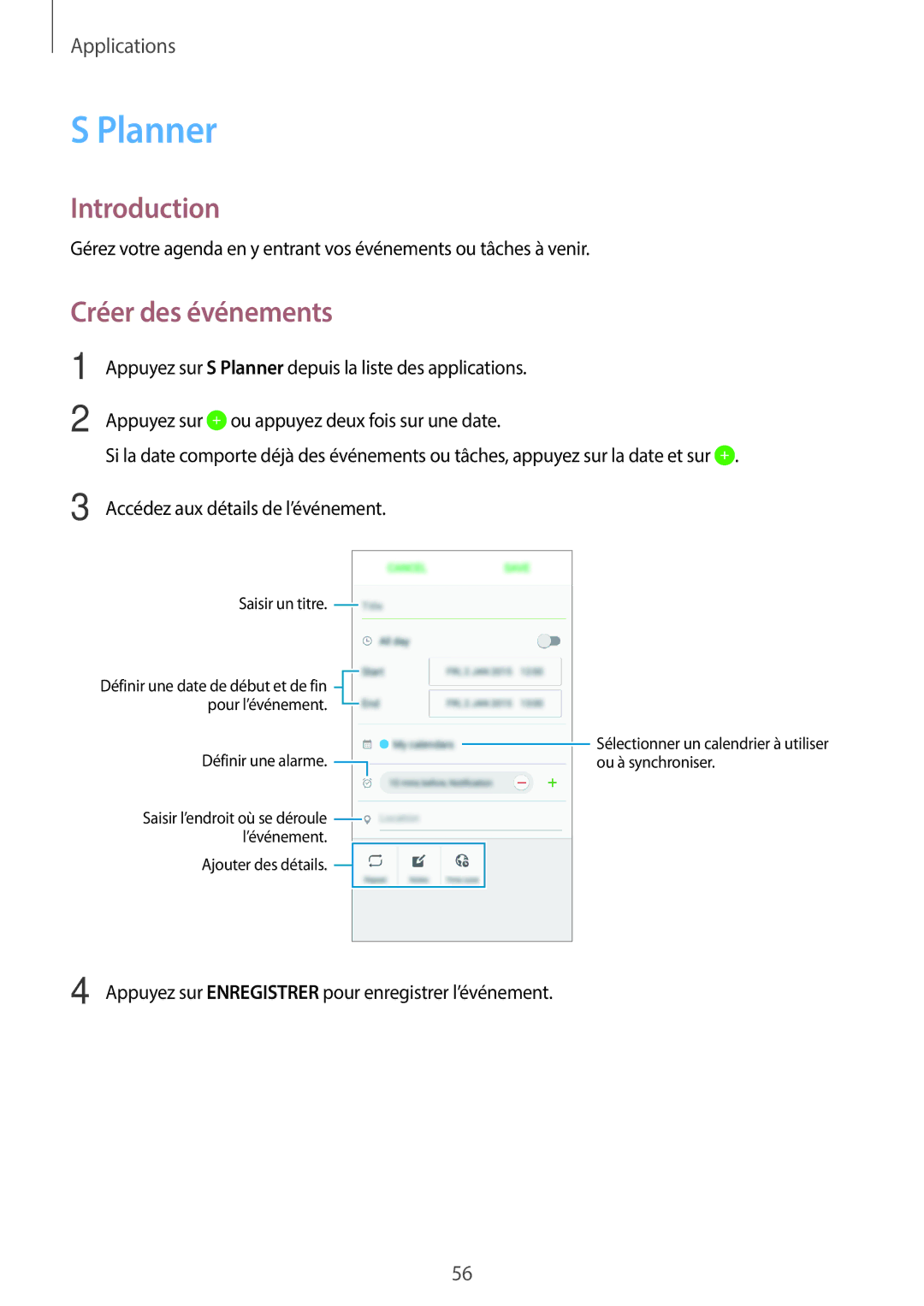 Samsung SM-J500FZWAXEF, SM-J500FZDAXEF, SM-J500FZKAXEF manual Planner, Créer des événements 