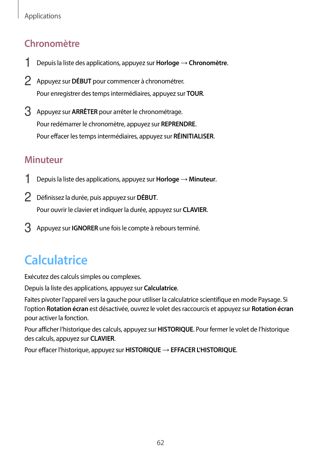 Samsung SM-J500FZWAXEF, SM-J500FZDAXEF, SM-J500FZKAXEF manual Calculatrice, Chronomètre, Minuteur 