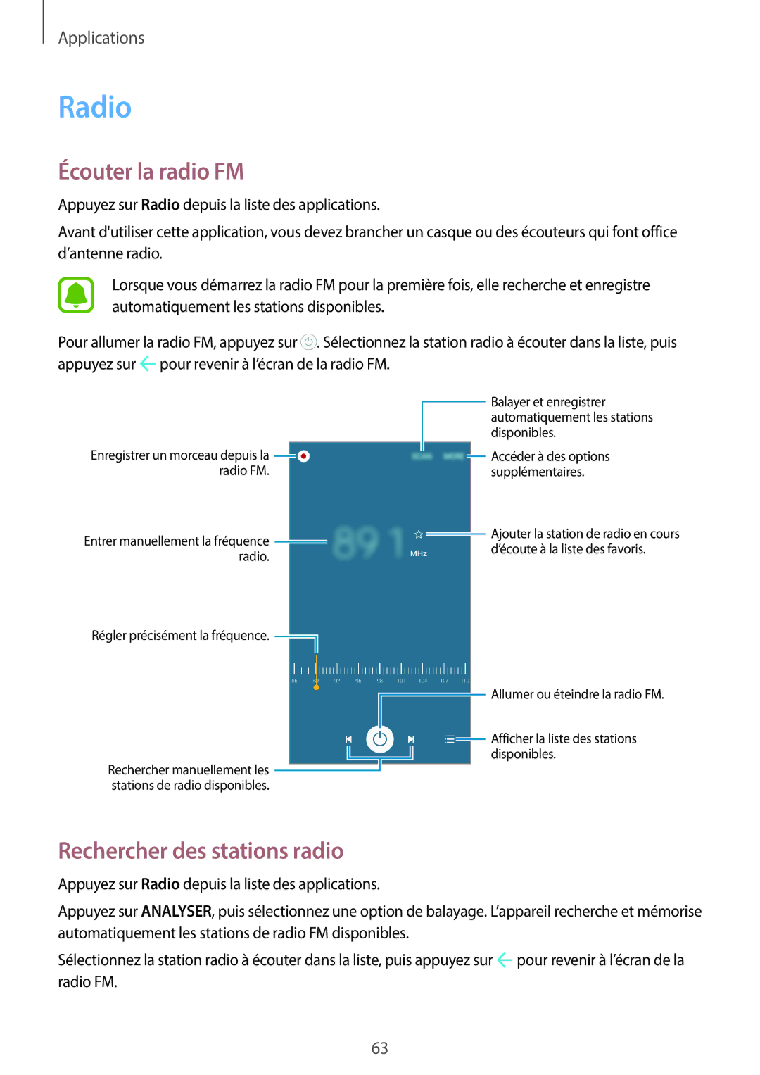 Samsung SM-J500FZDAXEF, SM-J500FZKAXEF, SM-J500FZWAXEF manual Radio, Écouter la radio FM, Rechercher des stations radio 