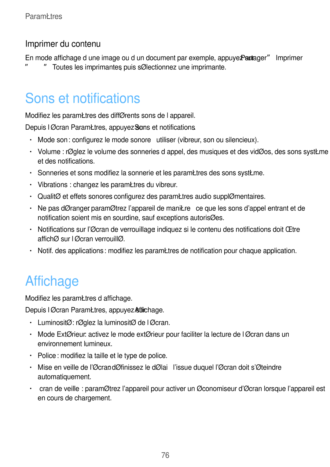 Samsung SM-J500FZKAXEF, SM-J500FZDAXEF, SM-J500FZWAXEF manual Sons et notifications, Affichage, Imprimer du contenu 