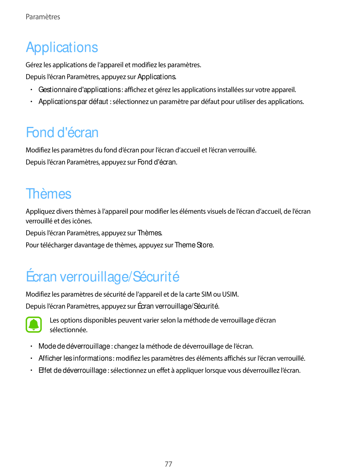 Samsung SM-J500FZWAXEF, SM-J500FZDAXEF, SM-J500FZKAXEF manual Applications, Fond décran, Thèmes, Écran verrouillage/Sécurité 