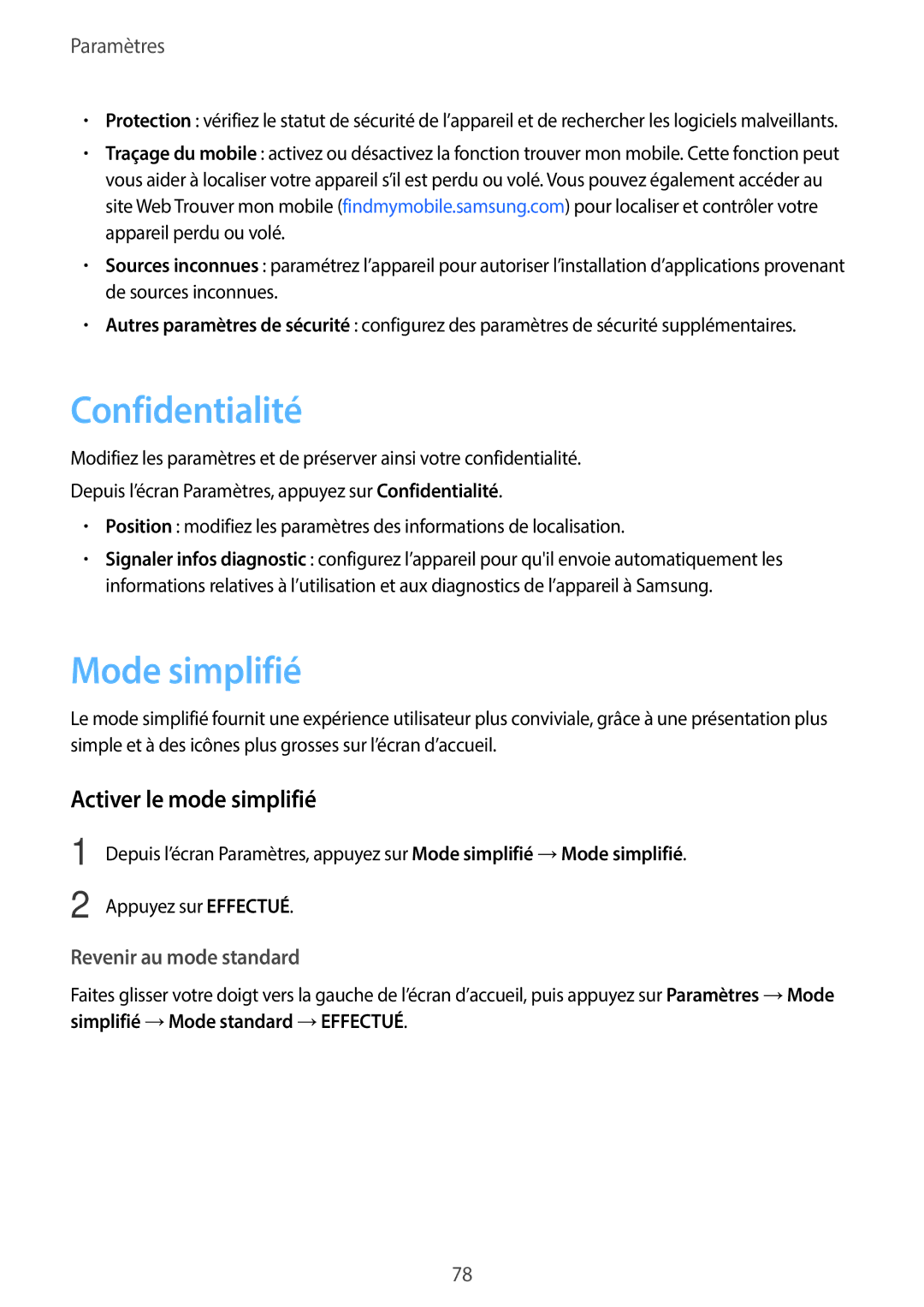 Samsung SM-J500FZDAXEF, SM-J500FZKAXEF, SM-J500FZWAXEF manual Confidentialité, Mode simplifié, Activer le mode simplifié 