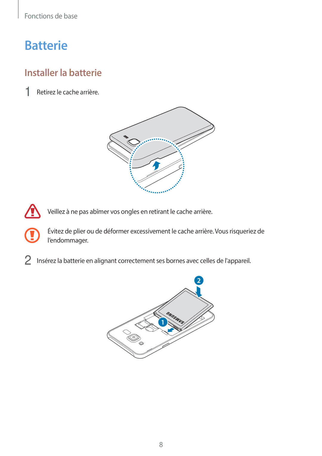 Samsung SM-J500FZWAXEF, SM-J500FZDAXEF, SM-J500FZKAXEF manual Batterie, Installer la batterie 