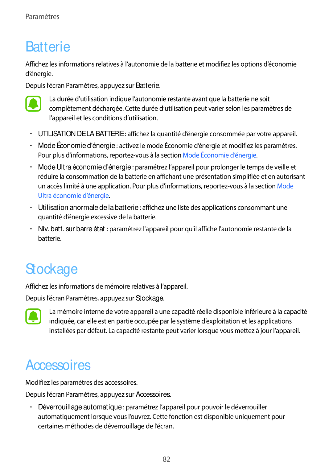 Samsung SM-J500FZKAXEF, SM-J500FZDAXEF, SM-J500FZWAXEF manual Stockage, Accessoires 