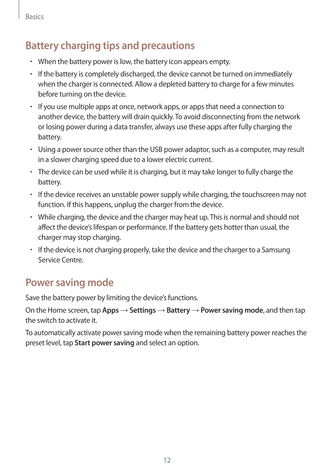 Samsung SM-J500FZDDSEE, SM-J500FZKDKSA, SM-J500FZDDKSA manual Battery charging tips and precautions, Power saving mode 