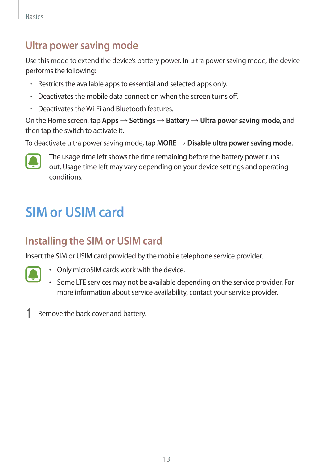 Samsung SM-J500FZKAPCL, SM-J500FZKDKSA, SM-J500FZDDKSA manual Ultra power saving mode, Installing the SIM or Usim card 