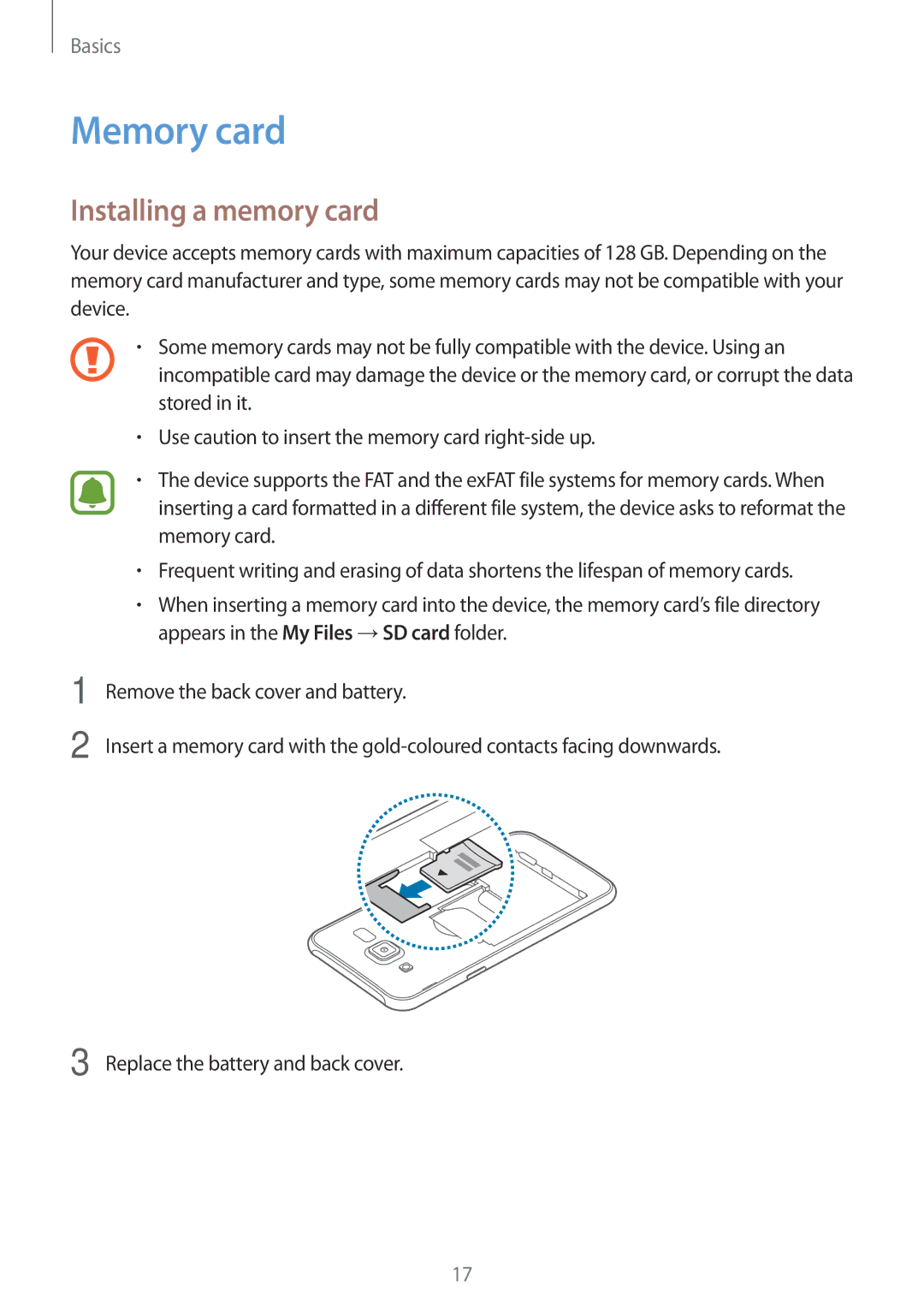 Samsung SM-J500FZDACEL, SM-J500FZKDKSA, SM-J500FZDDKSA, SM-J500FZWDKSA, SM-J500HZWDKSA Memory card, Installing a memory card 