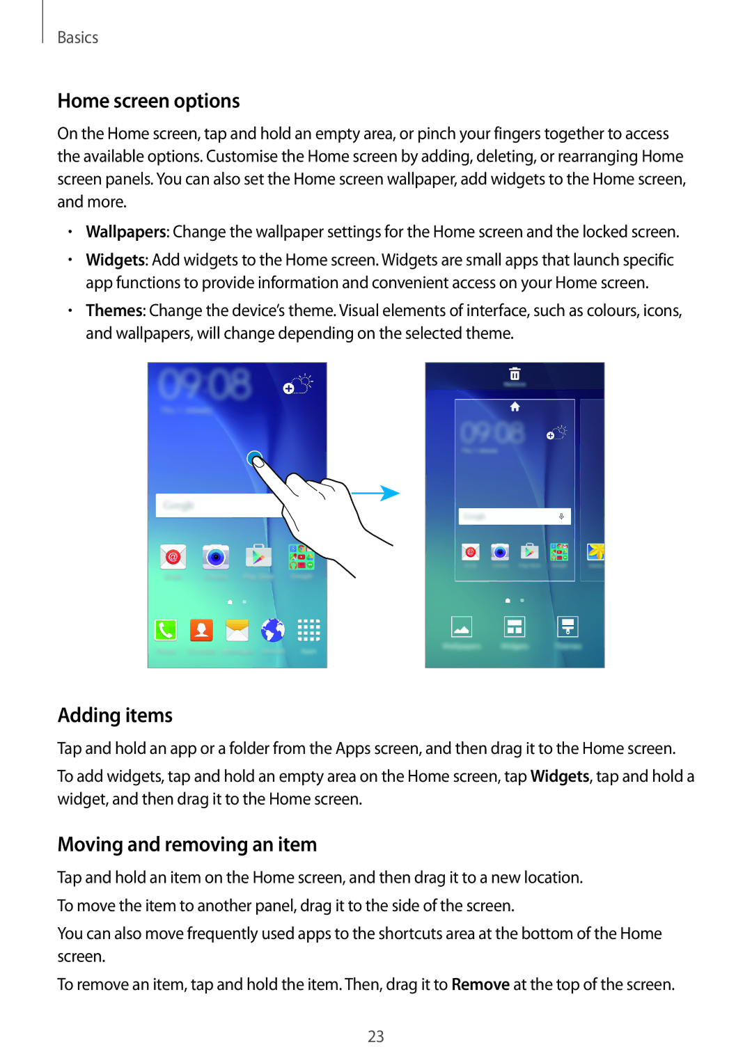 Samsung SM-J500HZKDSER, SM-J500FZKDKSA, SM-J500FZDDKSA manual Home screen options, Adding items, Moving and removing an item 