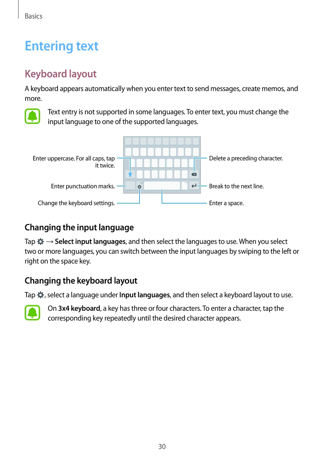 Samsung SM-J500HZWDKSA manual Entering text, Keyboard layout, Changing the input language, Changing the keyboard layout 