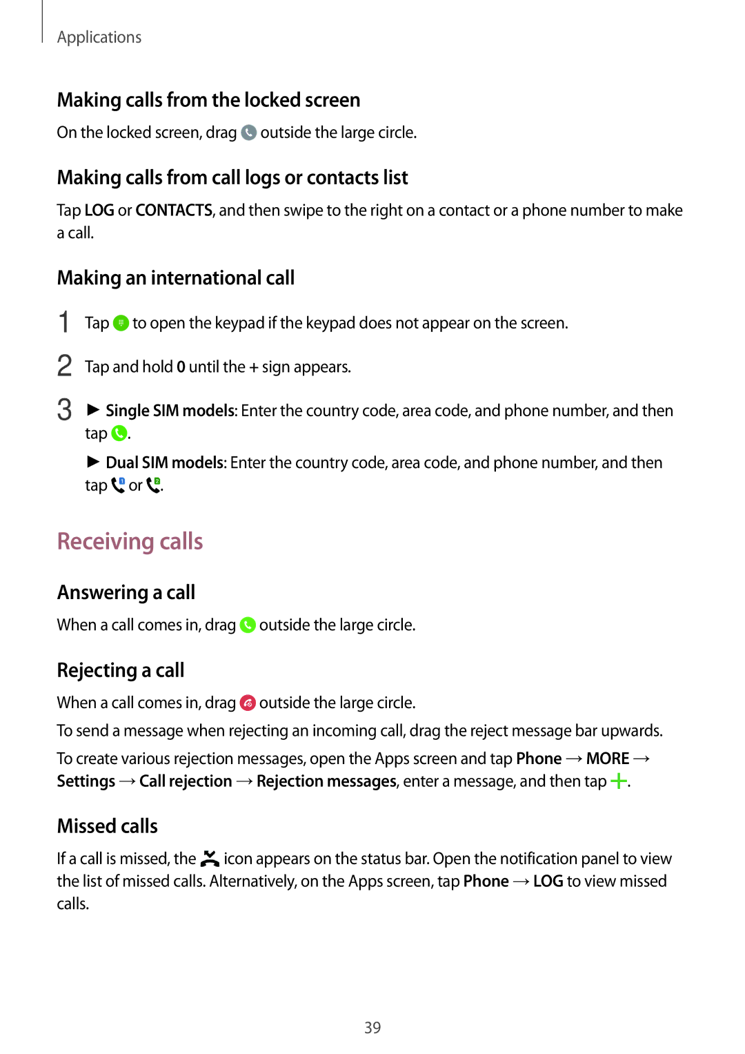 Samsung SM-J500FZDDSEE, SM-J500FZKDKSA, SM-J500FZDDKSA, SM-J500FZWDKSA, SM-J500HZWDKSA, SM-J500HZKDXXV manual Receiving calls 