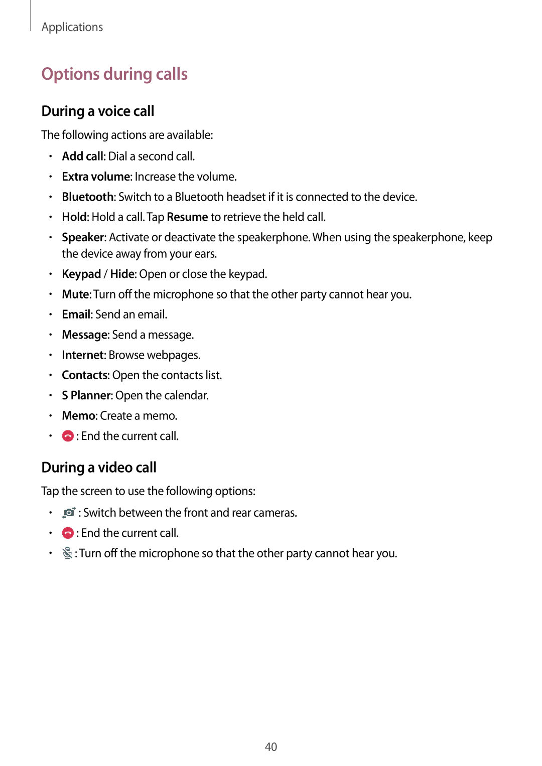 Samsung SM-J500FZKAPCL, SM-J500FZKDKSA, SM-J500FZDDKSA manual Options during calls, During a voice call, During a video call 